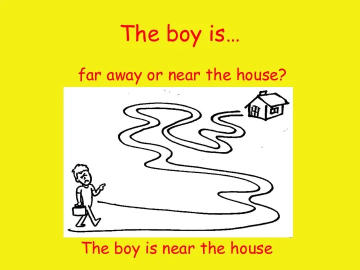 The boy is… far away or near the house? The boy is near the house