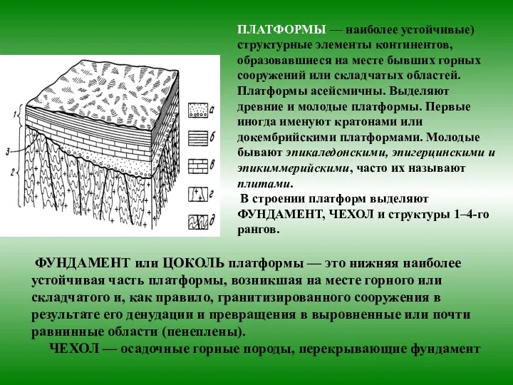 ФУНДАМЕНТ или ЦОКОЛЬ платформы — это нижняя наиболее устойчивая часть