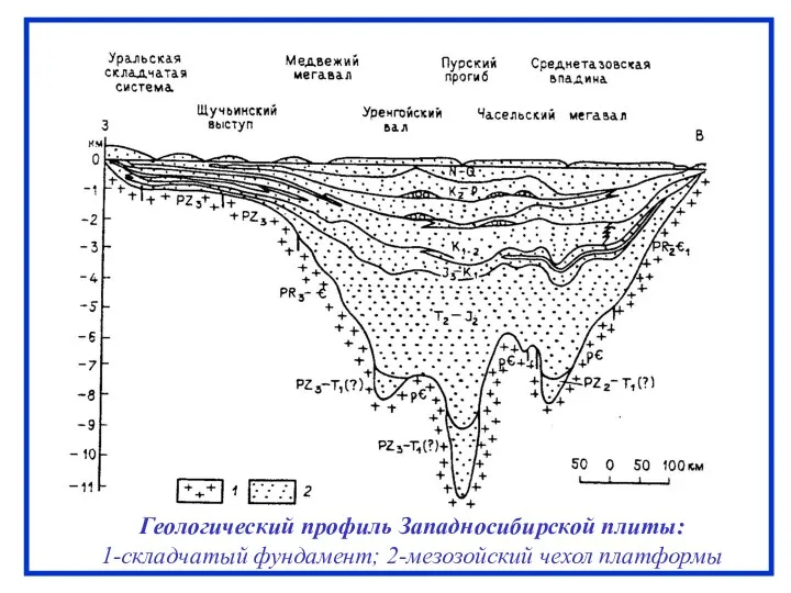 Геологический профиль Западносибирской плиты: 1-складчатый фундамент; 2-мезозойский чехол платформы