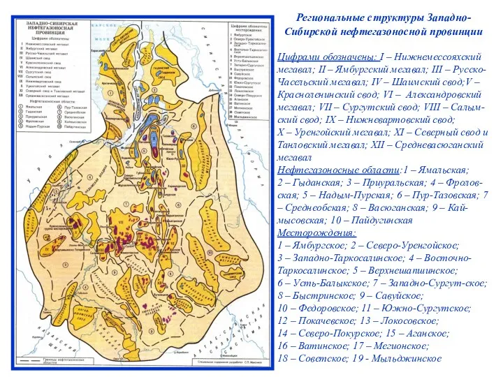 Региональные структуры Западно-Сибирской нефтегазоносной провинции Цифрами обозначены: I – Нижнемессояхский