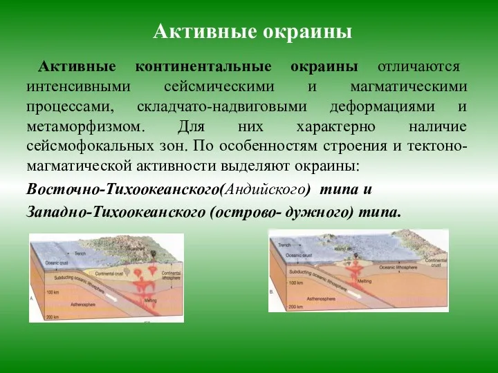 Активные окраины Активные континентальные окраины отличаются интенсивными сейсмическими и магматическими