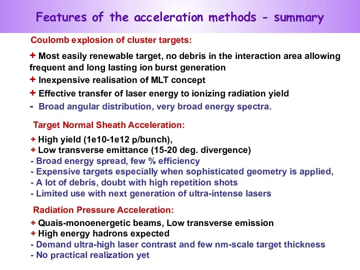 Features of the acceleration methods - summary Coulomb explosion of
