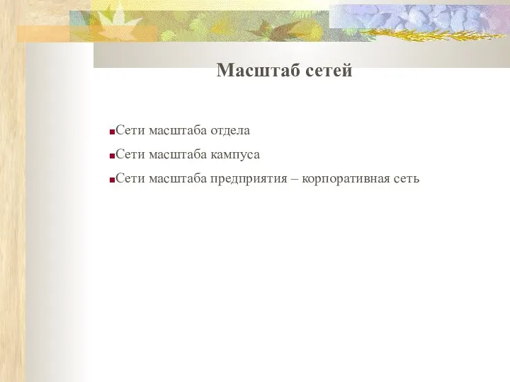 Масштаб сетей Сети масштаба отдела Сети масштаба кампуса Сети масштаба предприятия – корпоративная сеть