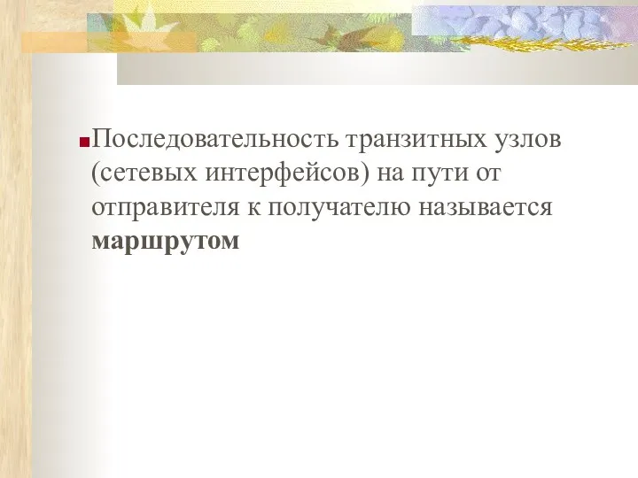 Последовательность транзитных узлов (сетевых интерфейсов) на пути от отправителя к получателю называется маршрутом