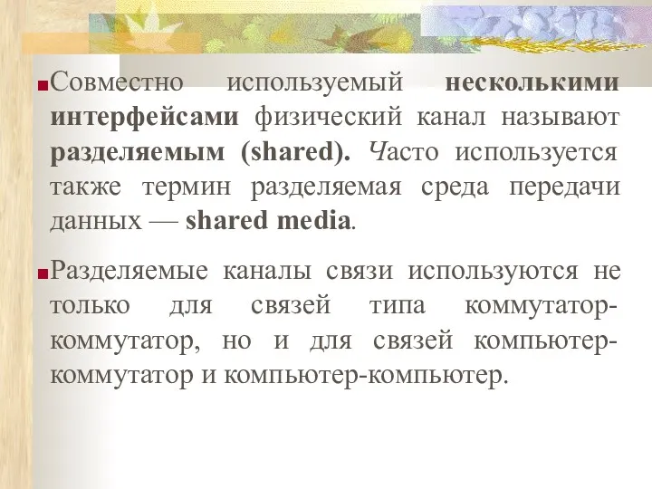 Совместно используемый несколькими интерфейсами физический канал называют разделяемым (shared). Часто