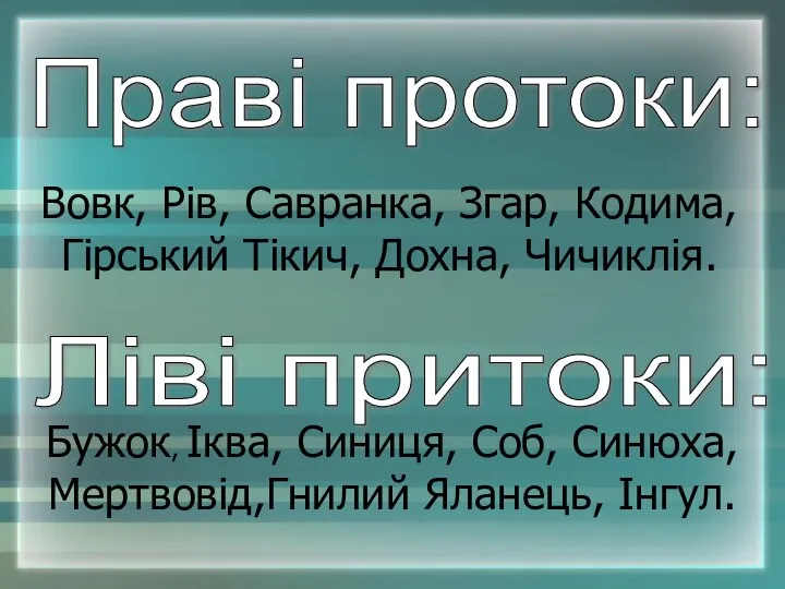 Праві протоки: Ліві притоки: Вовк, Рів, Савранка, Згар, Кодима, Гірський Тікич, Дохна, Чичиклія.