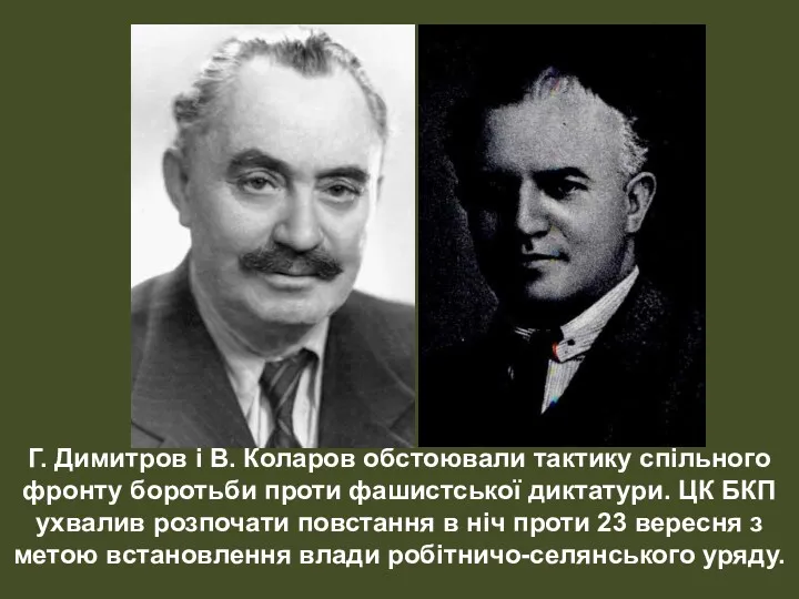 Г. Димитров і В. Коларов обстоювали тактику спільного фронту боротьби проти фашистської диктатури.