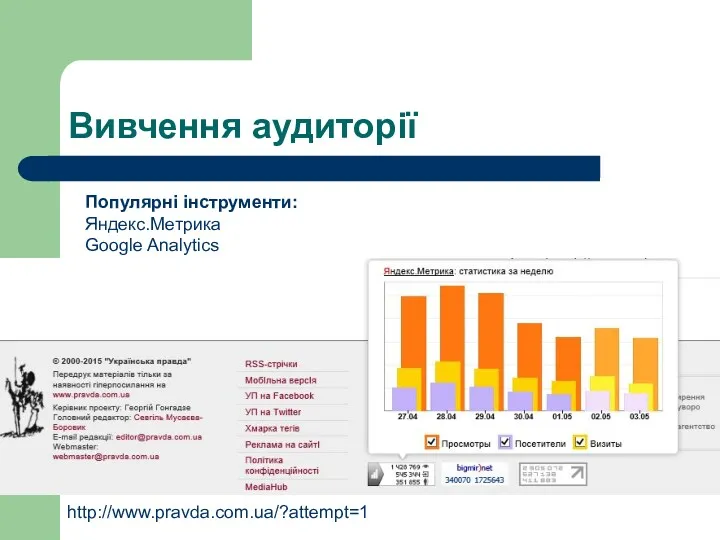 Вивчення аудиторії http://www.pravda.com.ua/?attempt=1 Популярні інструменти: Яндекс.Метрика Google Analytics