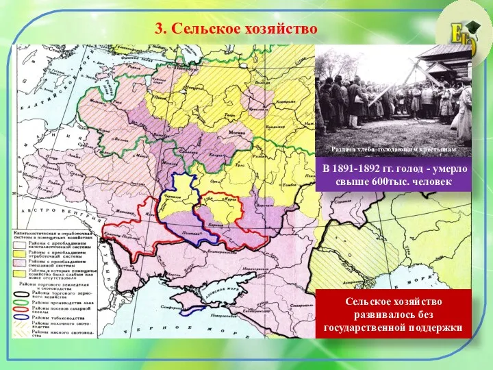 3. Сельское хозяйство В 1891-1892 гг. голод - умерло свыше 600тыс. человек Раздача