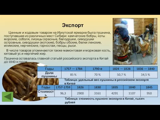 Экспорт Ценным и ходовым товаром на Иркутской ярмарке была пушнина, поступавшая из различных