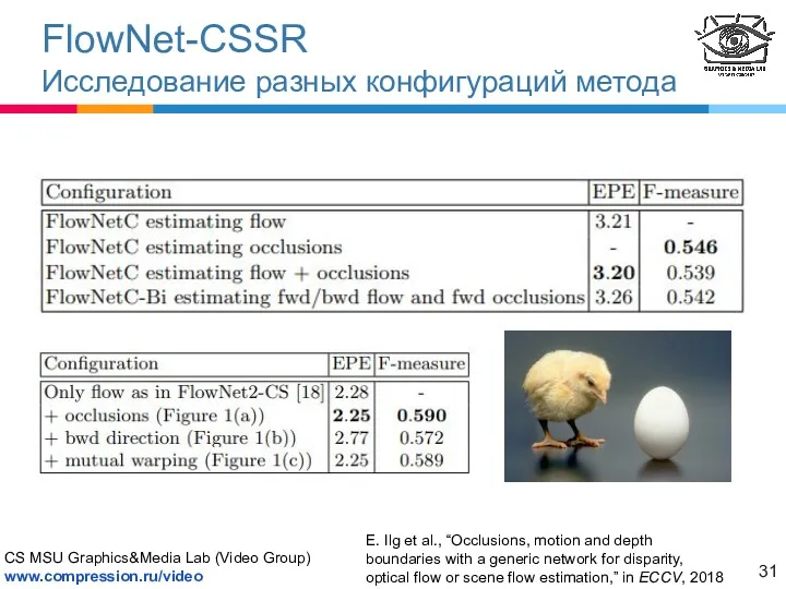 FlowNet-CSSR Исследование разных конфигураций метода E. Ilg et al., “Occlusions,