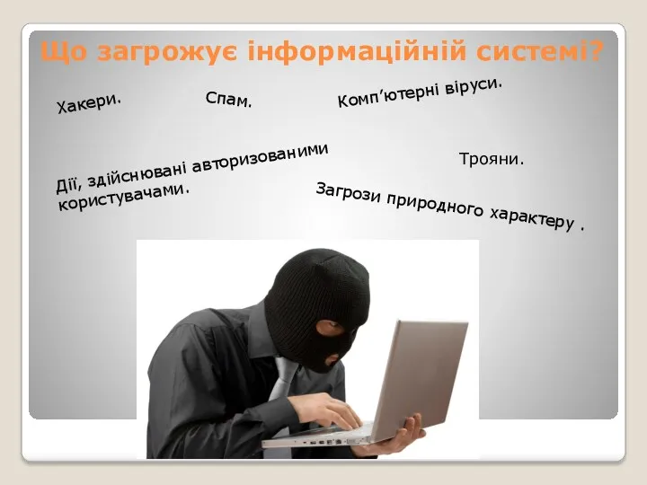 Що загрожує інформаційній системі? Комп’ютерні віруси. Спам. Хакери. Дії, здійснювані