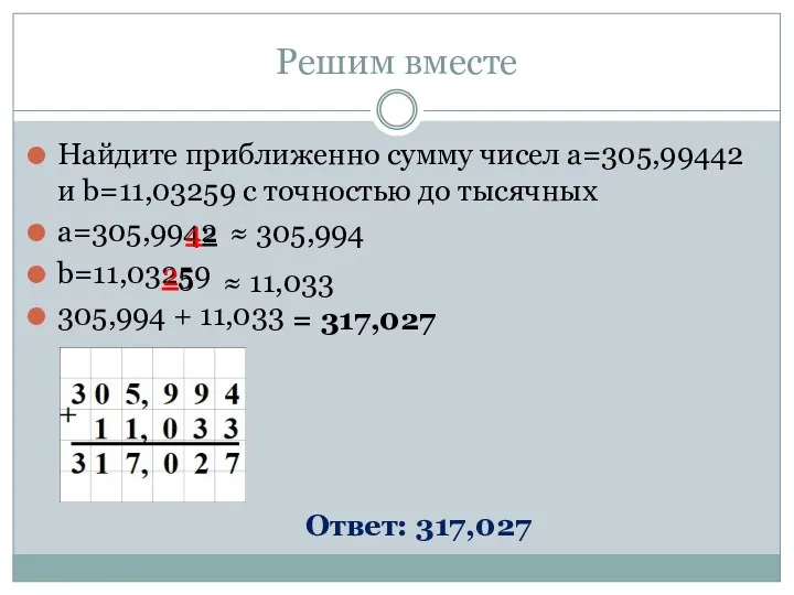 Решим вместе Найдите приближенно сумму чисел а=305,99442 и b=11,03259 с