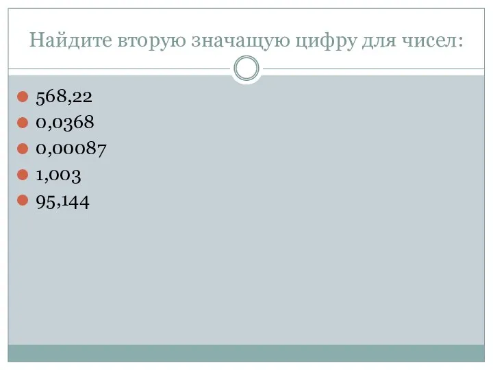 Найдите вторую значащую цифру для чисел: 568,22 0,0368 0,00087 1,003 95,144