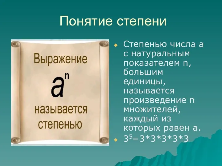 Понятие степени Степенью числа а с натуральным показателем n, большим