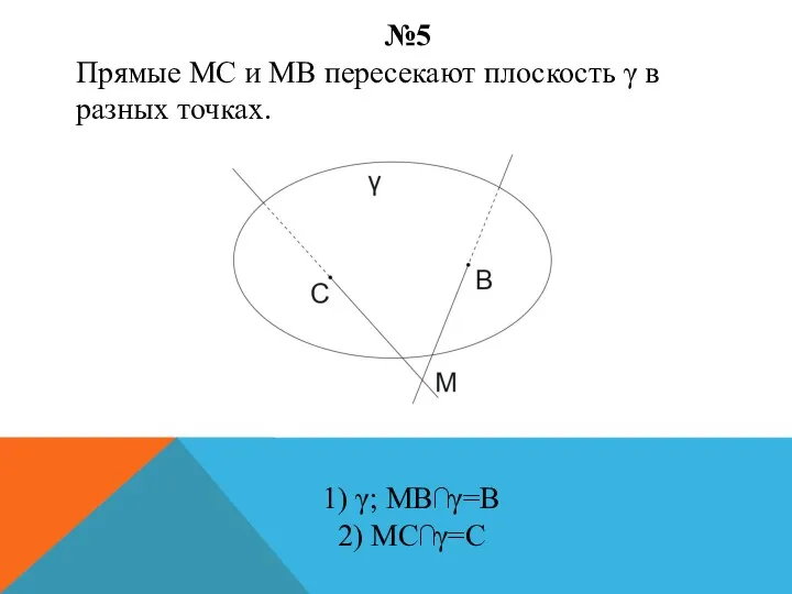№5 Прямые МС и МВ пересекают плоскость γ в разных точках. 1) γ; MB⋂γ=B 2) MC⋂γ=C