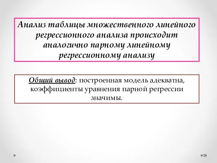 Анализ таблицы множественного линейного регрессионного анализа происходит аналогично парному линейному