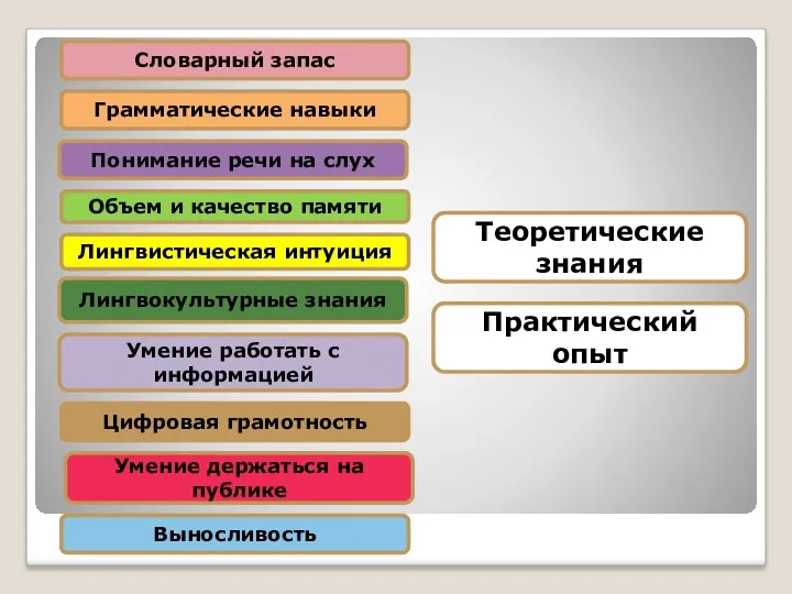 Словарный запас Грамматические навыки Объем и качество памяти Лингвистическая интуиция