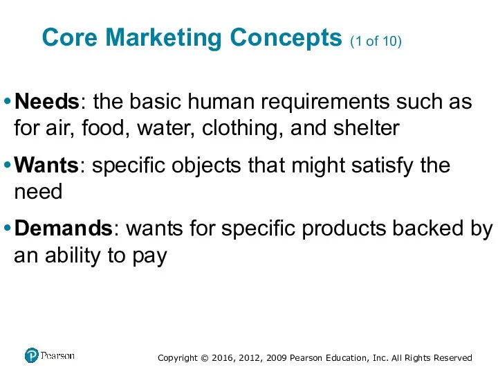 Core Marketing Concepts (1 of 10) Needs: the basic human