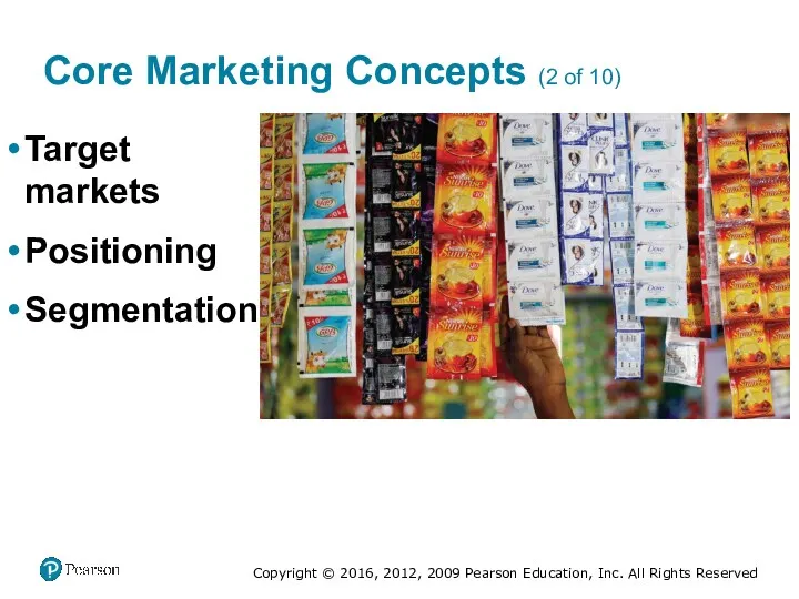 Core Marketing Concepts (2 of 10) Target markets Positioning Segmentation