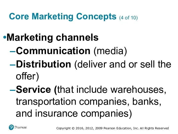 Core Marketing Concepts (4 of 10) Marketing channels Communication (media)