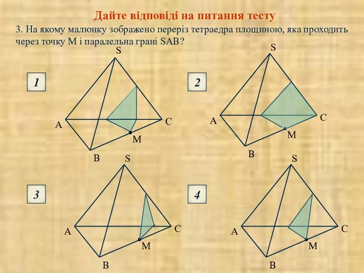 3. На якому малюнку зображено переріз тетраедра площиною, яка проходить