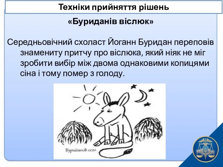 «Буриданів віслюк» Середньовічний схоласт Йоганн Буридан переповів знамениту притчу про