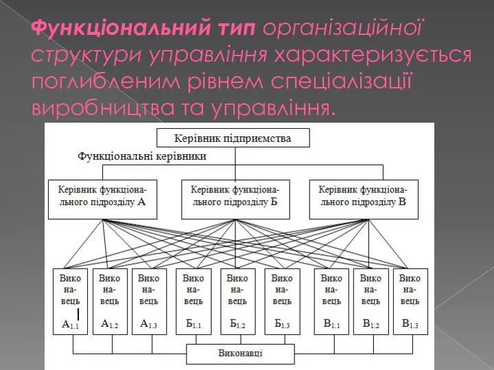 Функціональний тип організаційної структури управління характеризується поглибленим рівнем спеціалізації виробництва та управління.