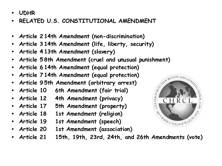 UDHR RELATED U.S. CONSTITUTIONAL AMENDMENT Article 2 14th Amendment (non-discrimination) Article 3 14th