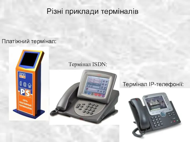 Різні приклади терміналів Термінал ISDN: Платіжний термінал: Термінал IP-телефонії: