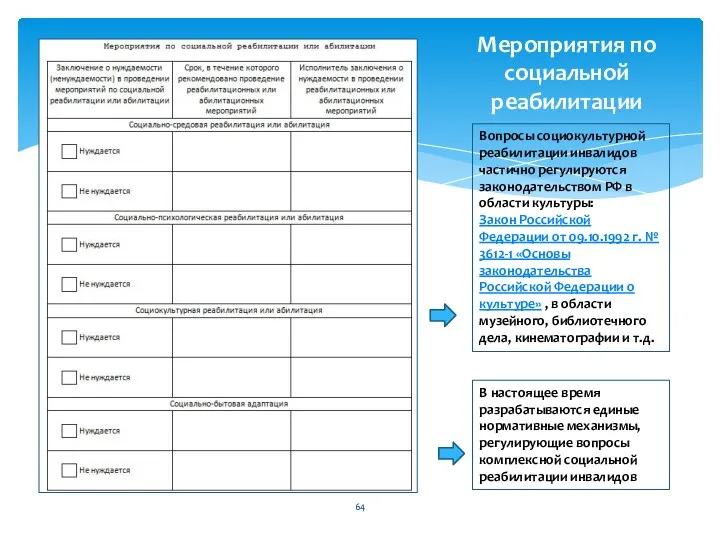 Мероприятия по социальной реабилитации Вопросы социокультурной реабилитации инвалидов частично регулируются