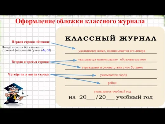 Оформление обложки классного журнала Первая строка обложки: указывается класс, подписывается