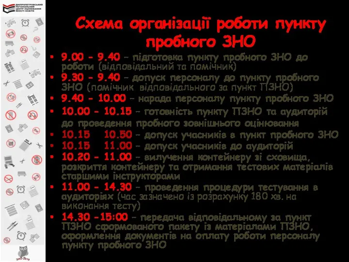 Схема організації роботи пункту пробного ЗНО 9.00 - 9.40 – підготовка пункту пробного
