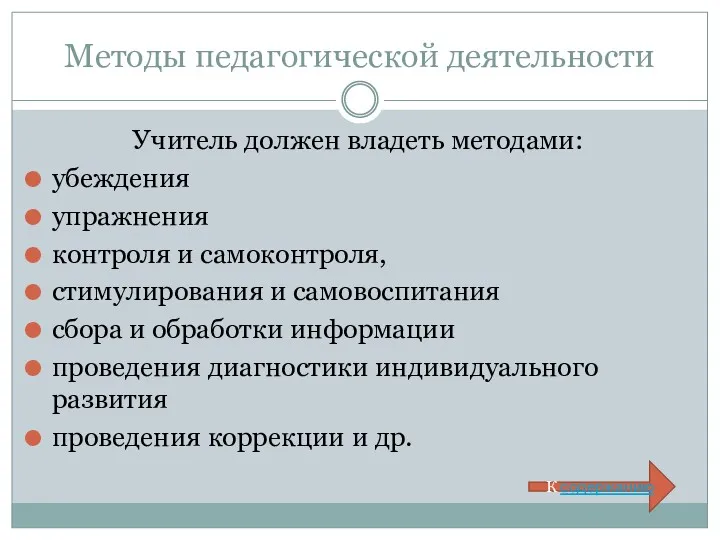 Методы педагогической деятельности Учитель должен владеть методами: убеждения упражнения контроля