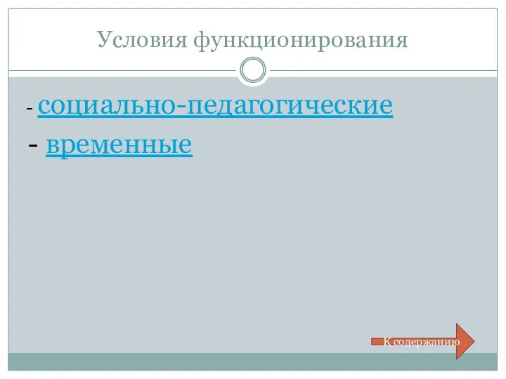 Условия функционирования - социально-педагогические - временные К содержанию