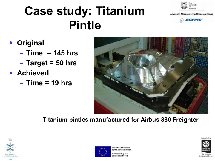 Case study: Titanium Pintle Original Time = 145 hrs Target