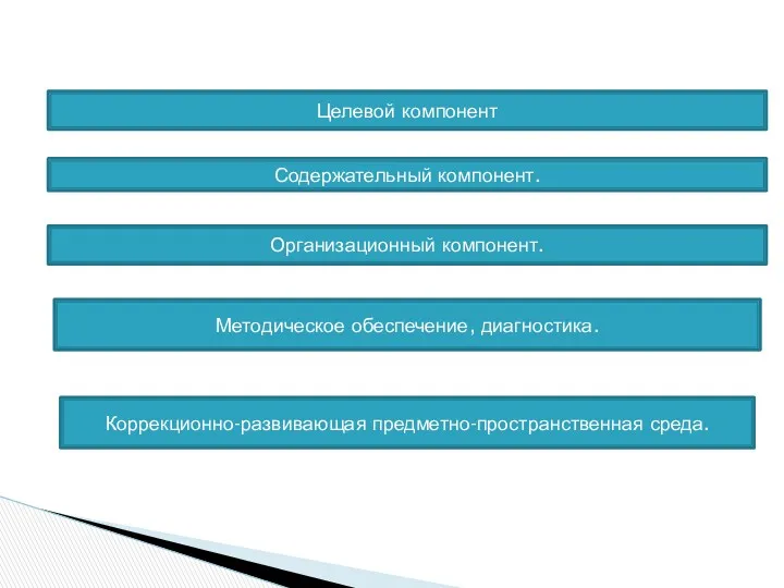 Целевой компонент Содержательный компонент. Организационный компонент. Методическое обеспечение, диагностика. Коррекционно-развивающая предметно-пространственная среда.