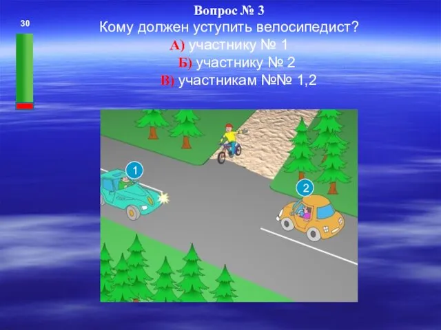 Вопрос № 3 Кому должен уступить велосипедист? А) участнику №