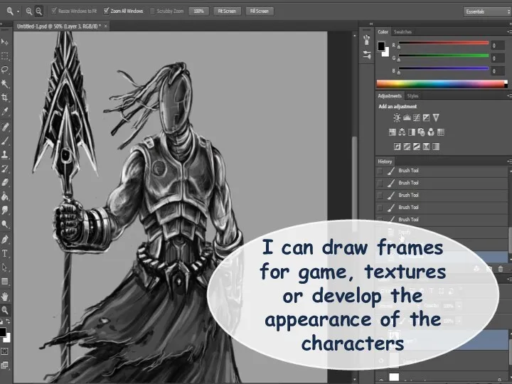 I can draw frames for game, textures or develop the appearance of the characters