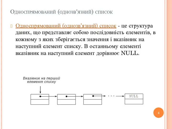 Односпрямований (однозв'язний) список Односпрямований (однозв'язний) список - це структура даних,