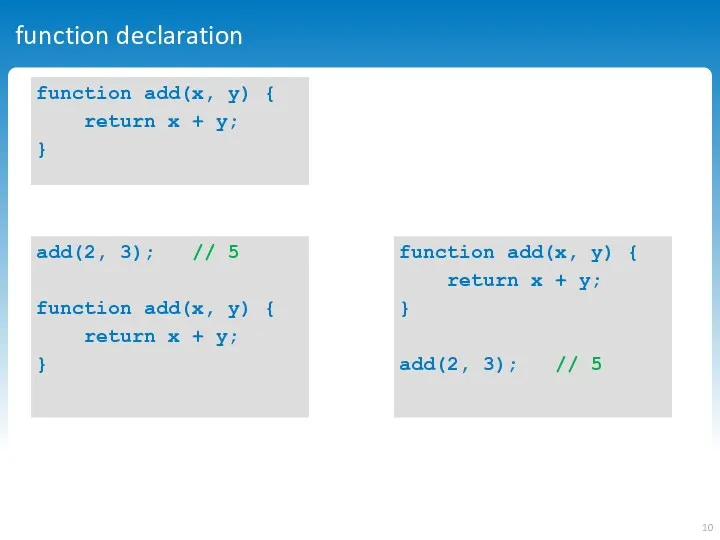 function declaration function add(x, y) { return x + y;