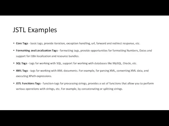 JSTL Examples Core Tags - basic tags, provide iteration, exception
