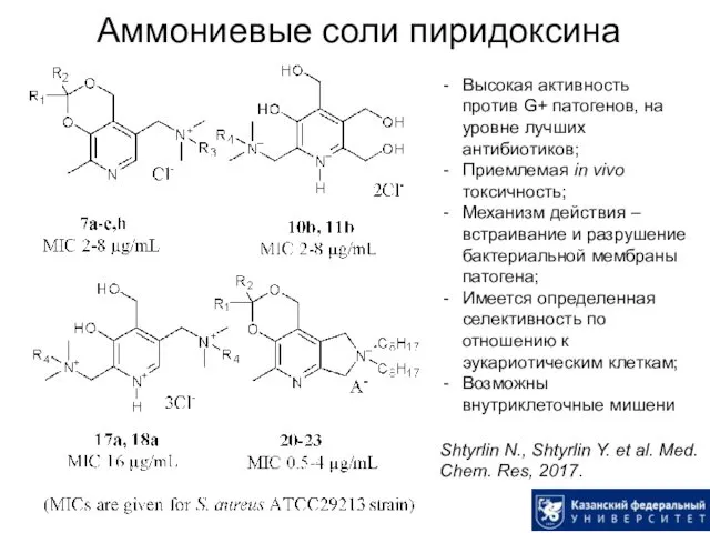 Аммониевые соли пиридоксина Shtyrlin N., Shtyrlin Y. et al. Med. Chem. Res, 2017.