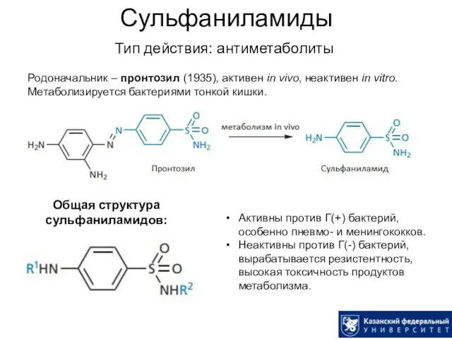 Сульфаниламиды Тип действия: антиметаболиты Родоначальник – пронтозил (1935), активен in vivo, неактивен in