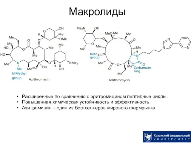 Макролиды Расширенные по сравнению с эритромицином пептидные циклы. Повышенная химическая