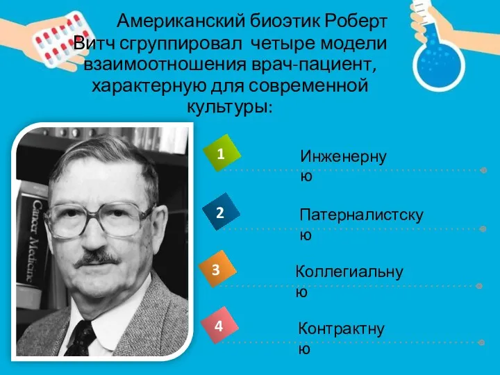 Американский биоэтик Роберт Витч сгруппировал четыре модели взаимоотношения врач-пациент, характерную для современной культуры: