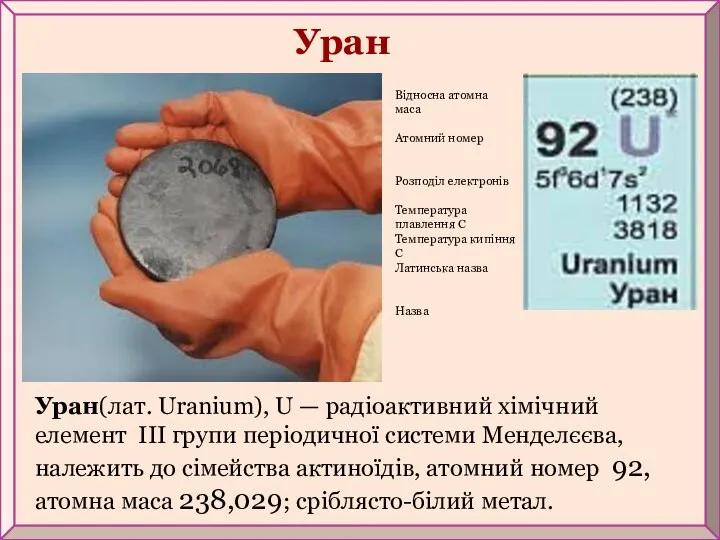 Уран(лат. Uranium), U — радіоактивний хімічний елемент III групи періодичної