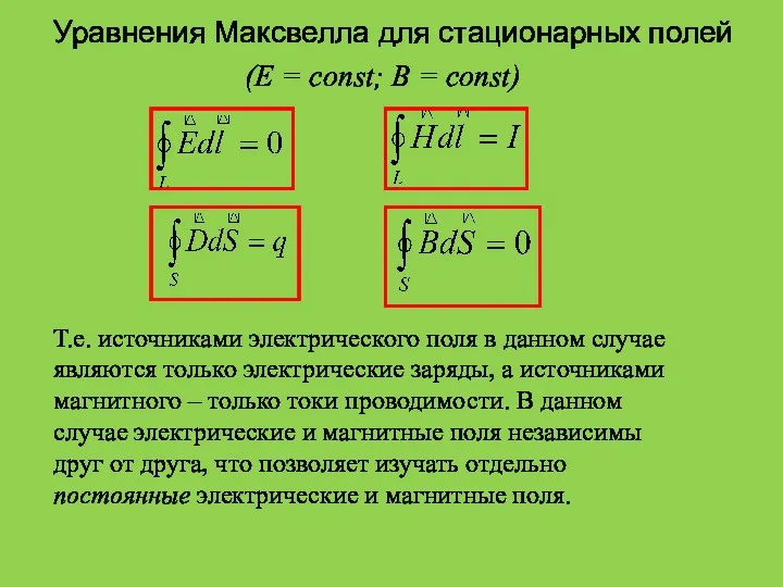 Уравнения Максвелла для стационарных полей (Е = const; B =