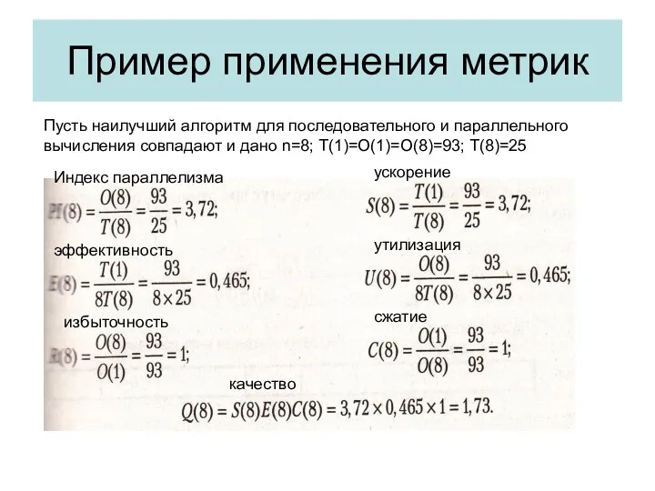 Пример применения метрик Пусть наилучший алгоритм для последовательного и параллельного