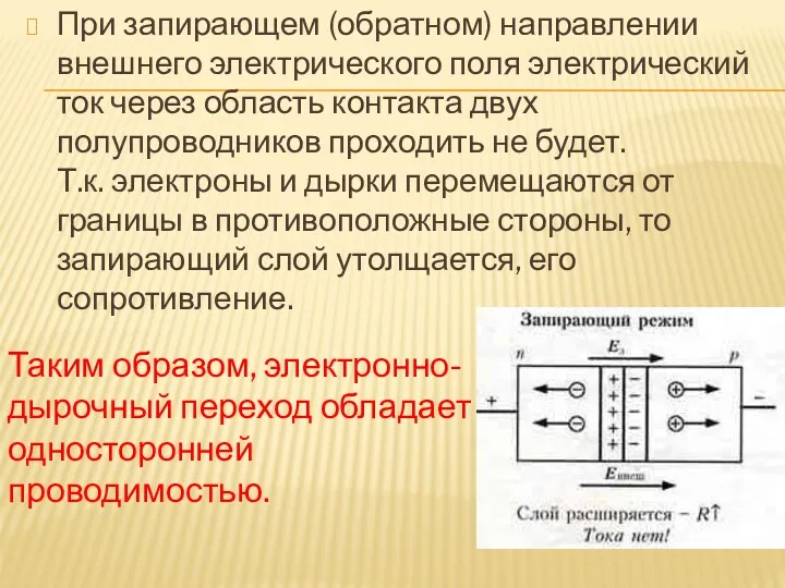 При запирающем (обратном) направлении внешнего электрического поля электрический ток через